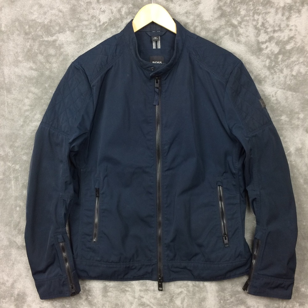 Hugo Boss Moto Jacket Mens 42R Utility Bomber Blue Waxed Stone Washed Twill